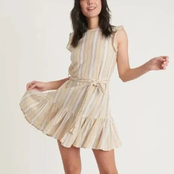 Marine Layer Laney Tiered Mini Dress Beachy Yellow Stripe Linen Size Medium - Picture 1 of 12